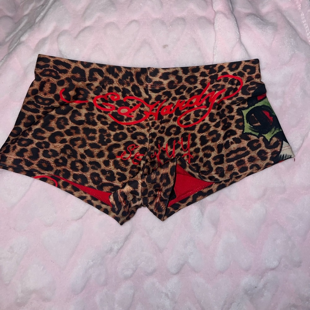 Ed Hardy Leopard Print Shorts with Red Accents